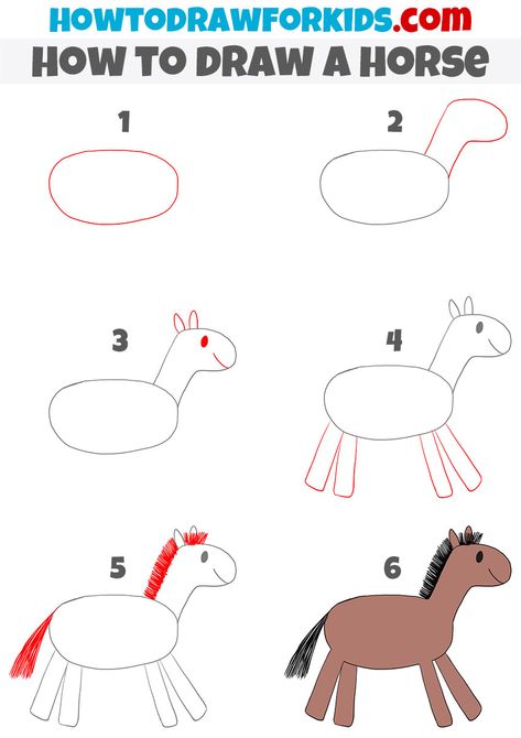 How to Draw a Horse for Kindergarten - Easy Drawing Tutorial For Kids Draw Horse Easy Kids, Drawing Lessons For Kindergarten, Drawing A Horse Easy, Easy Kindergarten Drawing, How To Draw For Kindergarten, Easy Drawings Horse, Drawing Horses Easy, Easy Horse Drawing Step By Step, Drawing For Kindergarten Kids