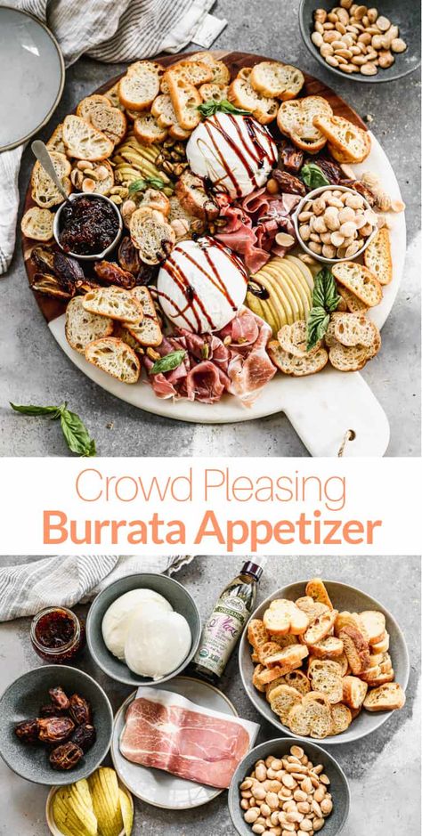 Charcuterie With Burrata, Fall Burrata Recipe, Bursts Board, Easy Burrata Appetizer, Burrata Cheese Board, Buratta Cheese Appetizer, Burrata Board Ideas, Baratta Cheese Appetizers, Burrata Appetizer Simple