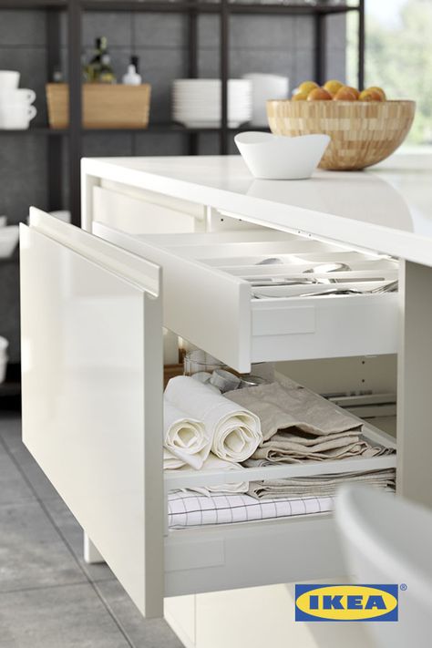 IKEA SEKTION kitchens feature drawers within drawers for the ultimate organization! Organize tools, towels, dinnerware or kitchen gadgets to keep them within reach when you need them and out of site when you don't. Ikea Appliances, Voxtorp Ikea, Ikea Kitchen Organization, Organize Tools, Kitchen Supply Store, Kitchen Feature, Ikea Sektion, Ultimate Organization, Howdens Kitchens