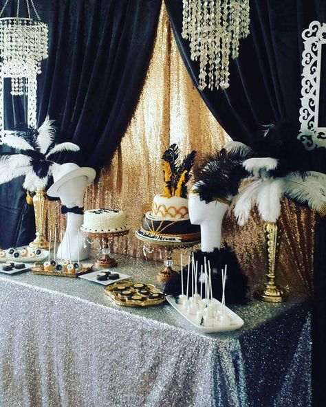 The Great Gatsby Birthday Party | CatchMyParty.com Great Gatsby Birthday Party Decorations, Roaring 20s Party Decorations Backdrops, Great Gatsby 60th Birthday Party, Roaring 20s 50th Birthday Party, Jazz Party Decorations, Jazz Birthday Party Ideas, Jazz Theme Party Ideas, Gatsby Party Decorations Diy, 1920s Birthday Party Ideas