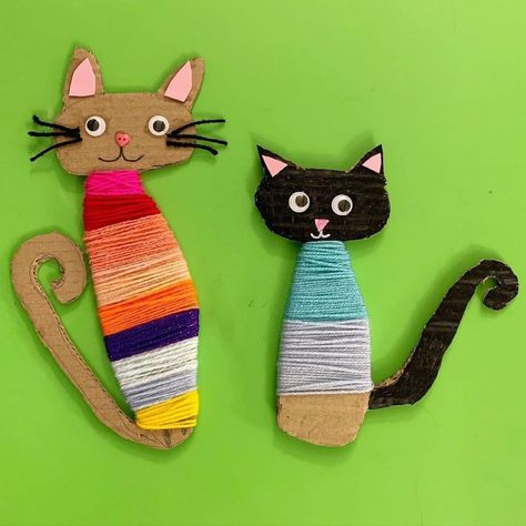 Recycle And Play on Instagram: “Cardboard Yarn Cats 🐱 🧶 super cute idea by @meophamminiartists 🥰 check out her feed for more details Tag us @recycleandplay and use the…” Aktiviti Kanak-kanak, Animal Crafts For Kids, Elementary Art Projects, Cardboard Art, Cat Crafts, Camping Art, Childrens Crafts, Cardboard Crafts, Preschool Art