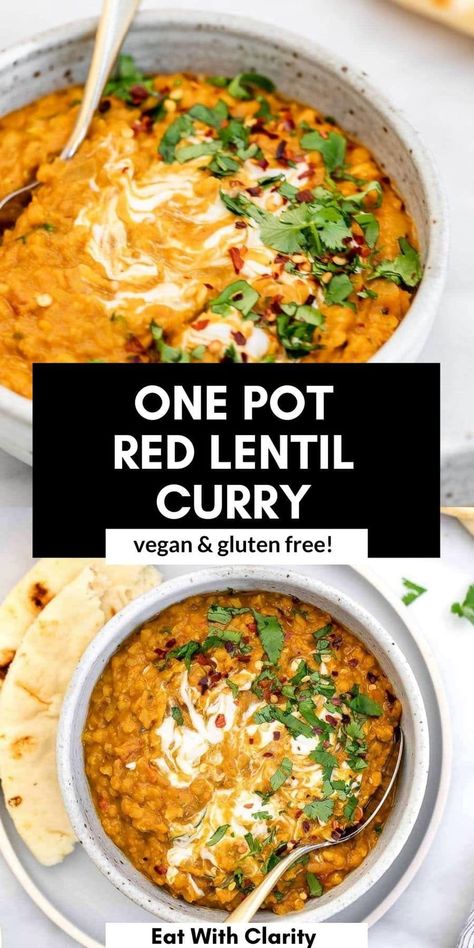 Protein Entrees, Vegan Lentil Curry, Red Curry Lentils, Chickpea Lentil, Red Lentil Recipes, Red Lentil Curry, Lentil Curry Recipes, Sweet Potato Curry, Chickpea Curry