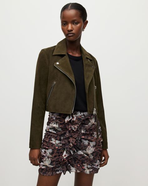 Dalby Suede Cropped Biker Jacket Olive Green | ALLSAINTS US Biker Jacket Outfit, Green Suede Jacket, Cropped Biker Jacket, Suede Biker Jacket, Suede Biker, Suede Moto Jacket, Leather Biker Jacket, Green Suede, Suede Jacket