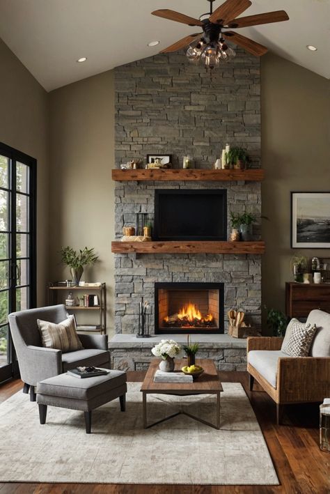 living room decor, interior design living room, fireplace design, accent wall colors, home decorating ideas, wall paint colors, kitchen interior design Best Accent Wall Colors, Fireplace Between Windows, Slate Fireplace, Natural Stone Fireplaces, Living Room Fireplace, Modern Rustic Living Room, Accent Wall Colors, Room Fireplace, Brick Fireplace Makeover