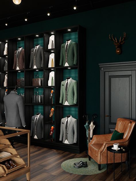 MEN'S BOUTIQUE "KINGSNAME" :: Behance Men Shop Design, Mens Tailor Shop Interior, Men’s Boutique, Mens Boutique Interior Design, Tailoring Shop Interior Design, Mens Store Display, Luxury Clothing Store, Mens Boutique, Men's Boutique