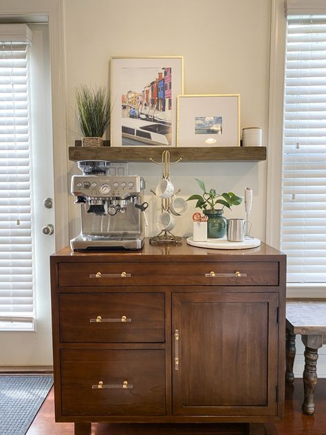 Transitional Coffee Station, How To Style Coffee Bar, Dining Room And Coffee Bar, Ikea Coffee Station Cabinets, Coffee Bar In Office Small Spaces, Upstairs Coffee Station, Espresso Nook In Kitchen, Coffee Bar Command Center, Small Bedroom Coffee Bar