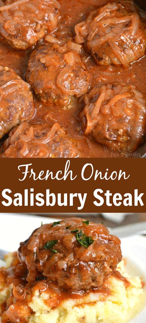 French Onion Salisbury Steak. This is a wonderfully comforting dish of juicy Salisbury Steaks cooked in homemade French Onion sauce. The sauce is so flavorful from stewed onions in red wine, tomato paste, and beef stock. #beef #groundbeef #salisburysteak #frenchonion Make Ahead Salisbury Steak, Beef Stock Recipes Dishes, French Onion Hamburger Steak, French Onion Salisbury Steak, Salisbury Steaks, Salisbury Steak Recipes, Onion Sauce, Salisbury Steak, Beef Stock