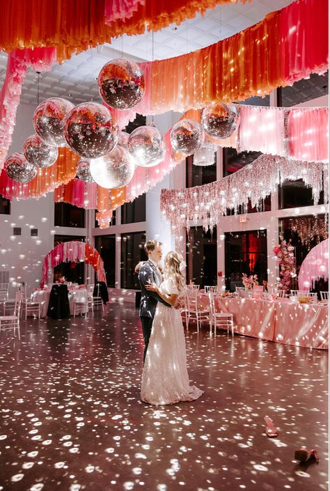 Disco balls | wedding disco balls | wedding reception inspo | disco ball wedding | disco ball inspo | disco ball weddings | pink weddings | pink and orange weddings | wedding trends | 2023 wedding trends | arkansas wedding | arkansas wedding venue Dance Floor Decorations Parties, Vintage Modern Wedding Decor, Pink Disco Wedding Theme, Fun Wedding Party Ideas, Disco Wedding Party, Poppy Wedding Decor, Dance Floor Ceiling Decor, Disco Wedding Decor, Disco Wedding Theme