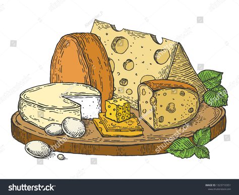 Plate of cheese color sketch engraving vector illustration. Scratch board style imitation. Hand drawn image. #Ad , #spon, #engraving#vector#illustration#sketch Cheese Drawing, Plate Drawing, Food Cartoon, Food Illustration Art, Types Of Cheese, Simple Illustration, Wooden Cutting Board, Camping Art, Illustration Sketches