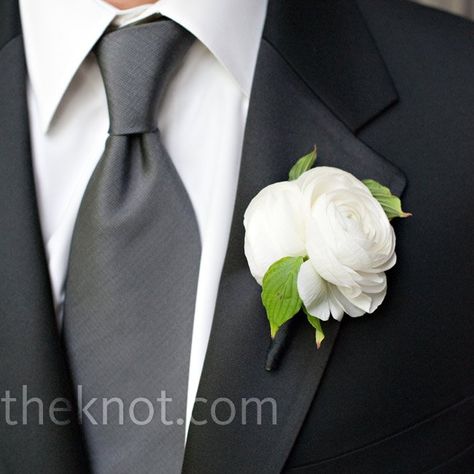 White Wedding Boutonniere Black Suit Grey Tie, Ivory And Black Wedding, Black Wedding Theme, Ranunculus Boutonniere, Black Wedding Decorations, Pink Wedding Theme, Groom Boutonniere, Marrying My Best Friend, Boutonniere Wedding