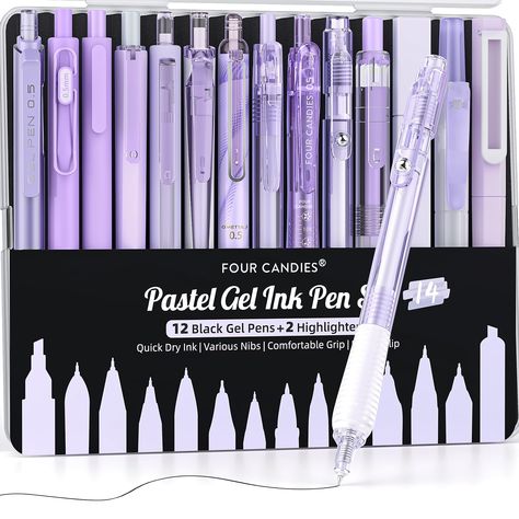 PRICES MAY VARY. [Lovely Macaron Colors] The purple gel pens set contains 12pcs black gel ink pens and 2pcs highlighter, they come in cute macaron colors and different styles, providing users with personalized and stylish options. [Smooth & Various Nibs] The cute pens set have a consistent flow of ink and smooth, which results in effortless writing and give you a happy mood in your writing. It provides different nibs: ST nib, Bullet nib, CS tapered nib, 4mm wide nib for highlighter, fine spring Note Taking Aesthetic, Office Purple, Aesthetic Pens, Pens For School, Purple Pen, Fine Point Pens, Gel Pens Set, Happy Mood, Coloring Supplies