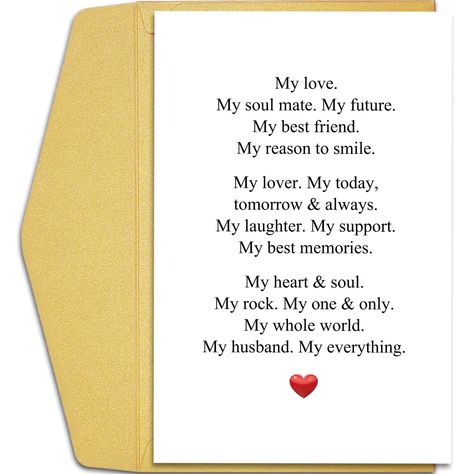 PRICES MAY VARY. Show your husband how much you love him on anniversary, birthday, Valentines Day with our romantic greeting cards. Sure will bring a big smile to his face! Printed on premium, smooth, heavy card stock and wrapped in a protective cellophane sleeve. Wonderful gift for your hubby. Card measures 8 x 5.3 inches when folded and comes with an extra thick envelope in case you want to mail your card. Blank inside. You can write down your feelings, leave your thoughts on others, and let t Love Gifts For Boyfriend, Sweet Cards For Boyfriend, Hubby Love Quotes My Husband, Love Quotes For Hubby, Birthday Quotes For Husband Romantic, Quotes For Husband, Love Cards Ideas, Valentine’s Day Cards, To My Husband Quotes