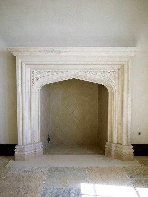 Cast Limestone Fireplace, Arched Fireplace Mantle, Old World Fireplace, Tudor Style Fireplace, French Chateau Fireplace, Stone Fireplace Exterior, Electric Fireplace Hearth, Baroque Fireplace, French Country Fireplace Ideas