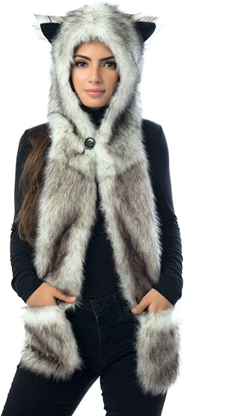 Amazon.com: White Wolf Hood Faux Fur Hat with scarfs mittens & paws 3 in 1 by Hatbutik : Clothing, Shoes & Jewelry Wolf Halloween Costume, Paw Gloves, Faux Fur Hoodie, Animal Hoodie, Faux Fur Hat, Fur Hoodie, Animal Hats, Hooded Scarf, Salou