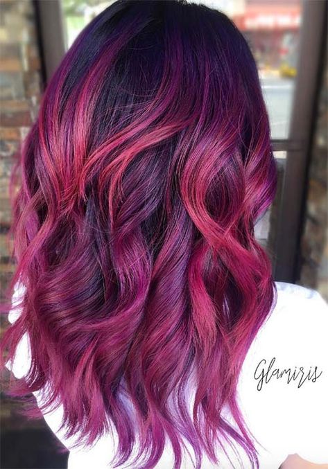 100 Badass Red Hair Colors: Auburn, Cherry, Copper, and Burgundy Hair Shades Pinkish Purple Hair, Purple And Red Hair, Red Violet Hair Color, Pelo Color Borgoña, Magenta Hair Colors, Violet Hair Colors, Hair Color Plum, Pulp Riot Hair Color, Magenta Hair