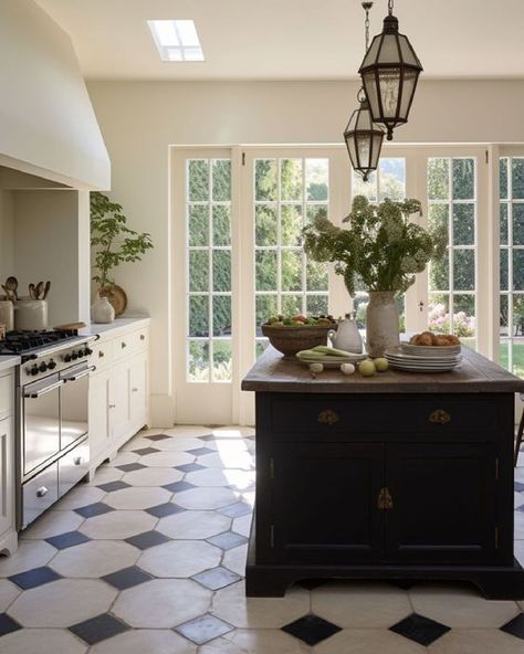 Classic traditional kitchen with lantern pendants over work island. Octagon And Dot Tile, Flooring In Kitchen, French Inspired Kitchen, Different House Styles, Colonial Kitchen, Quiet Elegance, European Kitchens, Tudor Style Homes, English Kitchens