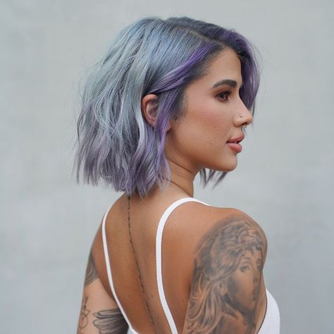 Linh Phan💀HAIRSTYLIST,COLORIST on Instagram: “S H A N L E Y • @shandathapanda 🔥 bob cut & color : @bescene 🙏🏽 I used all @schwarzkopfusa #blondme & #igoraroyal for the color. Styled by…” Periwinkle And Blonde Hair, Light Blue Bob Hair, Bob With Blue Highlights, Short Blue Hair Bob, Short Blue Bob, Pastel Hair Tips, Passion Hair, Hydra Facial, Hair Color Streaks