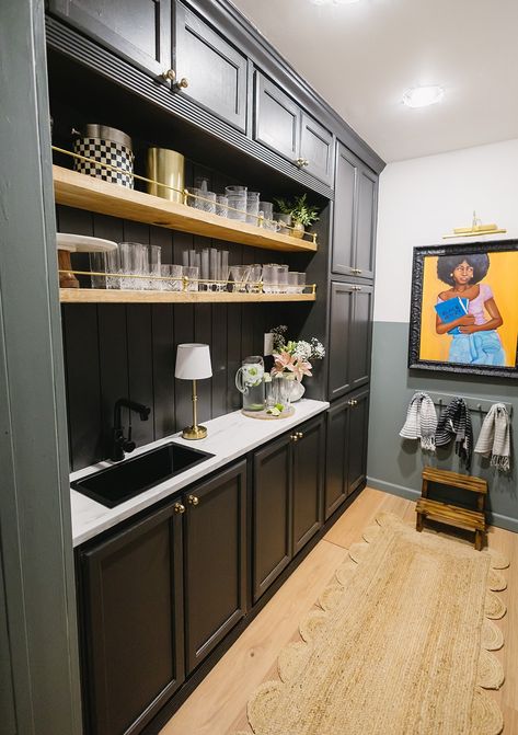 Basement Butler's Pantry Reveal - Live Pretty on a Penny Wet Bar Pantry Combo, Butlers Pantry Office Combo, Basement Snack Bar, Exposed Pantry, Open Pantry Ideas, Planning Center, Basement Kitchenette, Open Pantry, Oak House