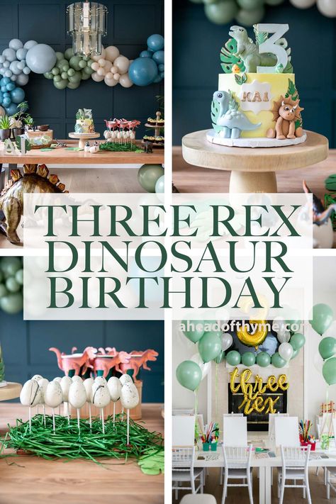 3rd Birthday Party Dinosaur Theme, Dinosaur Cake For 3rd Birthday, Three Rex Party Decorations, Dino Theme 3rd Birthday Party, Trex Three Birthday, Vintage Dinosaur Birthday Party, 3 Year Bday Party Ideas, Triceratops 3rd Birthday, 3 Rex Decorations