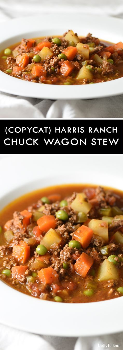 Easy, hearty, and delicious, this Copycat Harris Ranch Chuck Wagon Stew is pure comfort on a cold winter day! Seafood Stew Recipes, Seafood Stew, Chuck Wagon, Venison Recipes, Soup And Stew, Delicious Soup, Stew Recipes, Ground Beef Recipes, One Pot Meals