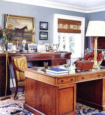 Masculine Study, Partner Desk, Blue Gray Paint Colors, Partners Desk, Blue Gray Paint, Desk Home Office, Beautiful Office, Consignment Furniture, Study Ideas