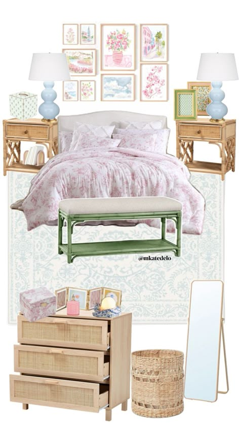 bedroom/dorm room pink, green, & blue inspiration Dorm Room Pink, Sorority Room, Coastal Room Decor, Blue Dorm, Pink Dorm Rooms, Pink Dorm, College Dorm Room Decor, Blue Inspiration, Future Apartment Decor