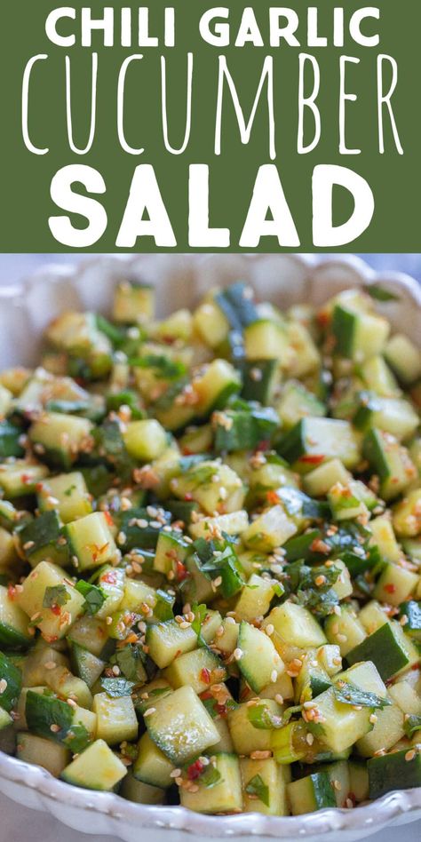 This Chili Garlic Cucumber Salad comes together quickly and is packed with so much flavor! The dressing is easy to make, with mostly pantry ingredients, and it really makes the cucumbers shine. Enjoy this easy cucumber salad recipe as a side salad, afternoon snack or throw it on top of rice, tofu or fish. #cucumbersalad #easyrecipe #sidesalad #healthysnack #veganfood #glutenfree Small Cucumber Recipes, Garlic Cucumber Salad, Indian Cucumber Salad, Best Cucumber Salad, Cucumber Noodle Salad, Cucumber Recipes Healthy, Tofu Salad Recipes, Cucumber Salad Recipes, Rice Tofu