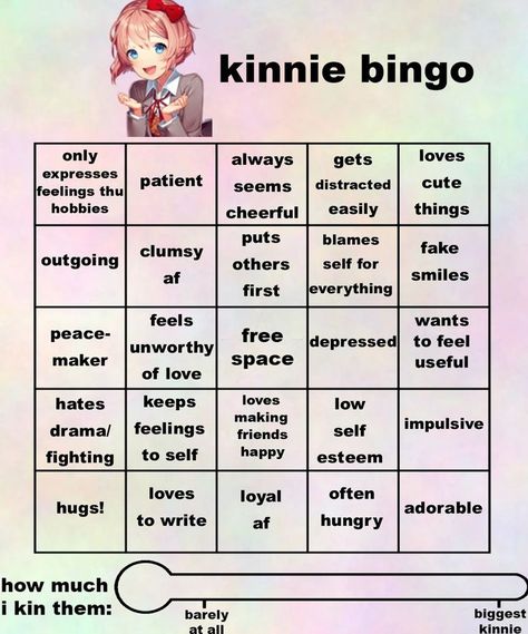 Doki doki literature club kinnie bingo! Sayori Kinnie, Summer Bingo, Free Bingo Cards, Kinnie Bingo, About Me Template, Bingo Template, Doki Doki Literature Club, Feeling Wanted, Bingo Board