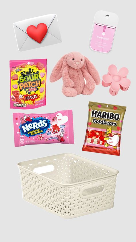 Cheap Easter Baskets, Cheap Gift Baskets, Pink Gift Basket, Valentines Day Bags, Valentine Baskets, Preppy Gifts, Birthday Basket, Hello Kitty Makeup, Cute Gifts For Friends