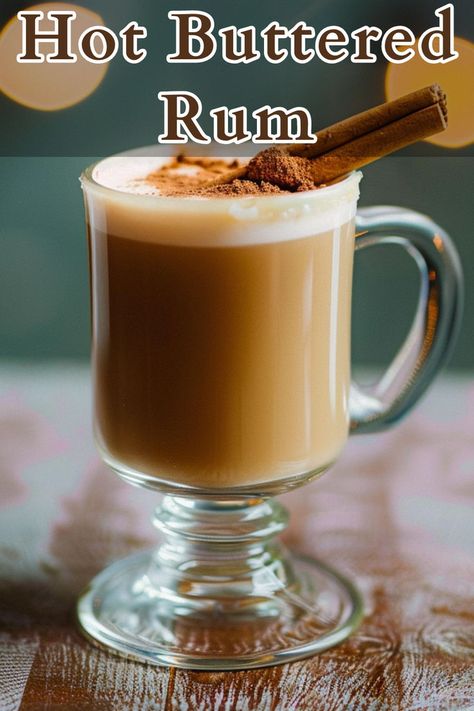 Hot Buttered Rum is a warm and comforting drink featuring dark rum mixed with a rich, buttery batter. This batter blends dark sugar, softened unsalted butter, and a mix of spices such as cinnamon, cloves, and nutmeg, along with vanilla ice cream for a creamy texture. Dark Rum Drinks, Summer Rum Cocktails, Dark Rum Cocktails, Rum Cocktails Easy, Cocktails To Make At Home, Rum Cocktail Recipes, Buttered Rum, Hot Buttered Rum, Rum Cocktails