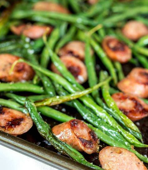 perfectly browned sausage and green beans Sheet Pan Green Beans, Green Beans And Sausage, Green Beans Sausage, Green Beans And Chicken, Pan Green Beans, Oven Green Beans, Sausage And Green Beans, Oven Roasted Green Beans, Chicken Sausage Recipes