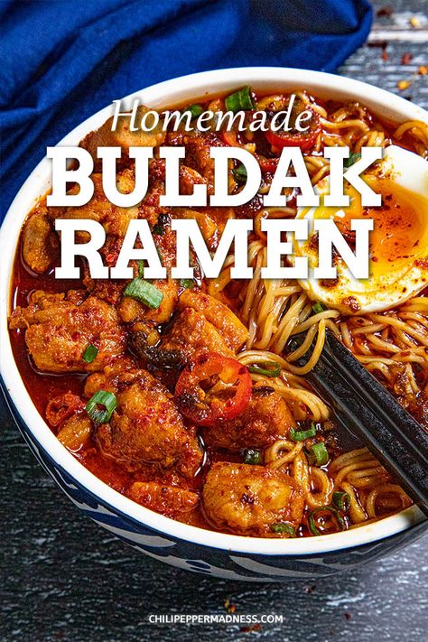 This homemade buldak ramen recipe is spicier than the original with all the flavors of Korean fire chicken and ramen noodles in a fiery broth, easy to make! Homemade Ramen Noodles Seasoning, Homemade Buldak Ramen, Ramen Noodles With Chicken, Buldak Ramen Recipe, Yakamein Recipe, Buldak Recipe, Ramen Meals, Chicken And Ramen, Spicy Ramen Noodle Recipes