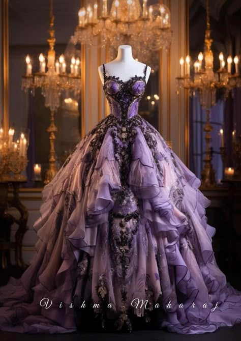 Purple Gala Dress, Purple And Black Wedding Dress, Fantasy Ballgown, Gothic Ballgown, Dandelion Aesthetic, Purple Ballgown, Vishma Maharaj, Gothic Ball Gown, Fantasy Cottagecore