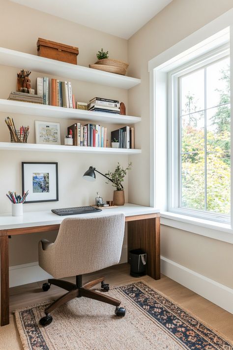 See exactly how to successfully combine a home office with a small bedroom using these quick tips and tricks. Apartment Work Space, Corner Desk In Living Room Ideas, At Home Small Office, Two Monitors And Laptop Desk Setup, Work Bedroom Home Office, Small Box Room Office Ideas, Diy Office Space At Home, Library With Office Desk, Apartment Built In Desk Ideas