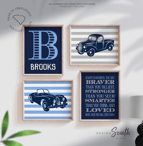 PLEASE NOTE ☛ ☛ ☛ FRAMES ARE NOT INCLUDED ☚ ☚ ☚ Thank you for choosing Design South. I take pride in creating all of my designs. This print combination is perfect for a boy's nursery, bedroom or playroom. What you will receive: Four UNFRAMED art prints. Product description: Vintage car and truck transportation theme prints in navy blue, dusk and seagull with striped backgrounds. Personalized name print and quote. Other color options are also available. Colors can be customized to fit your needs. Nursery Navy Blue, Car Themed Nursery, Vintage Car Nursery, Transportation Nursery, Truck Nursery, Dinosaur Nursery Art, Vintage Wall Art Prints, Car Nursery, Baby Boy Room Nursery