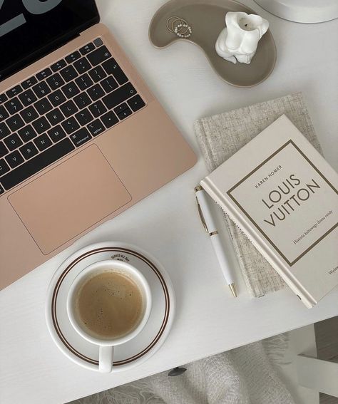 A birds eye view of a desk with two note books, a pen, a cup of coffee, and a laptop. Work Beige Aesthetic, Macbook Office Aesthetic, Macbook And Coffee Aesthetic, Work From Home Aesthetic Wallpaper, Beige Business Aesthetic, Computer And Coffee Aesthetic, Promotion Aesthetic Work, Macbook Gold Aesthetic, Beige Rose Aesthetic