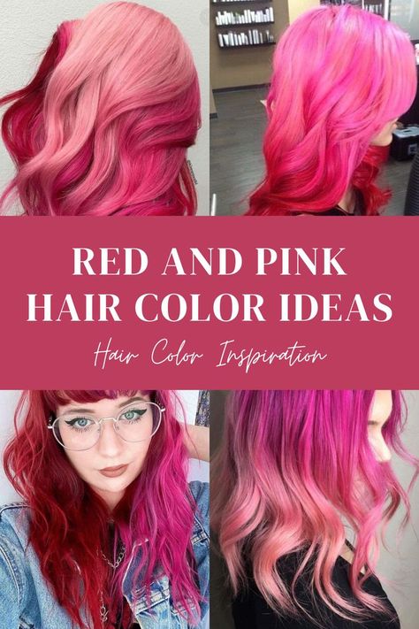 Red Hair With Pink Undertones, Red Roots Pink Ends Hair, Pink Hair With Red Tips, Ombre Vivid Hair Color, Fuchsia Pink Hair, Pink And Red Hair Ideas, Pink To Red Ombre Hair, Red And Pink Ombre Hair, Pink Tipped Hair