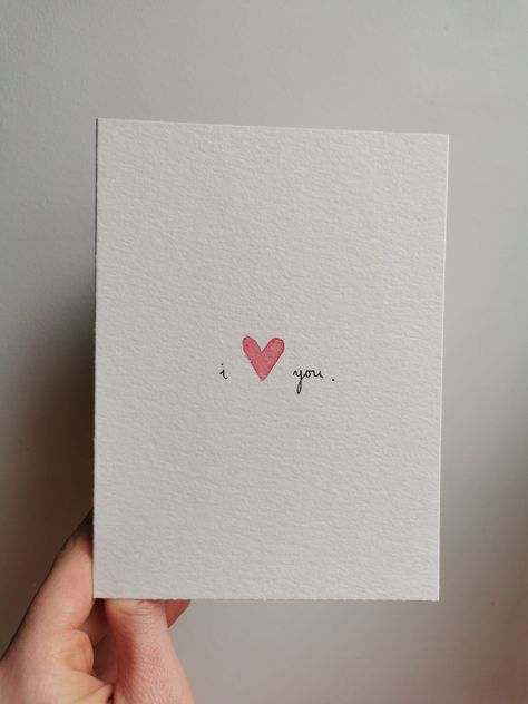 Minimalist Valentine's Card for Maximal Love! Sometimes those three words (or two words and a heart) are enough to show you care. This card is handpainted with watercolor on thick aquarel paper.  Every card is unique and might differ slightly from the one you see in the pictures.  Although the design is very simple, it is one of my all-time favorites! Specifications - A6 double postcard, folded (10.4cmx14.2cm) - watercolor 300 g paper, strong, textured - with envelope Get Well Soon Watercolor, Handmade Valentines Card For Boyfriend, Cute Cards Aesthetic, Cara Membuat Amplop Surat Aesthetic, Love Letter Card Design, Valentines Gift For Boyfriend Homemade, Valentines Watercolor Cards, Homemade Cards For Boyfriend, Letter Design Ideas Cards