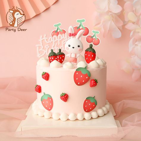 Rabbit Strawberry, Red Rabbit, Strawberry Decorations, Baking With Kids, Children's Day, Birthday Supplies, Moon Cake, Strawberry Cake, Day Party