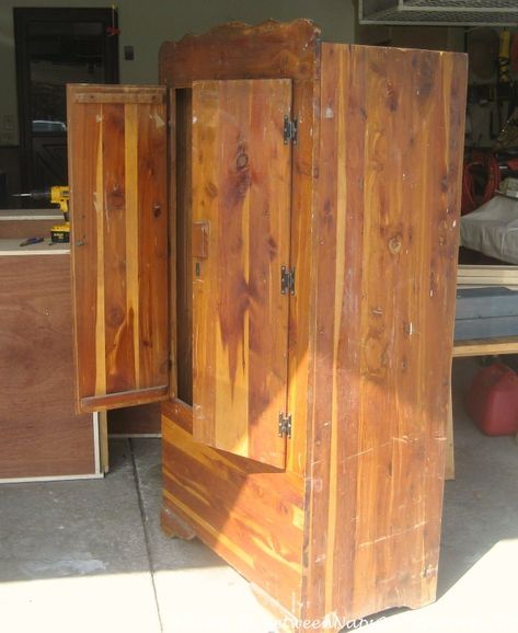 Amazing Transformation: Beat-up Wardrobe Becomes a Beautiful Storage Armoire! – Between Naps on the Porch Painted Armour Ideas, Update Armoire Furniture Makeover, Repainting Armoire Ideas, What To Do With An Old Armoire, Armoire Diy Makeover, Wardrobe Repurpose Ideas, Ikea Armoire Makeover, Wardrobe Flipping Ideas, Flipped Armoire