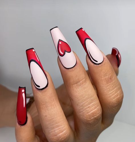 Coffin Comic Nails, Red Comic Nails, Red Rum Nails, Pop Art Christmas Nails, Rocky Horror Nails, Redbull Nails, Character Nail Designs, Comic Nail Art, Comic Nails