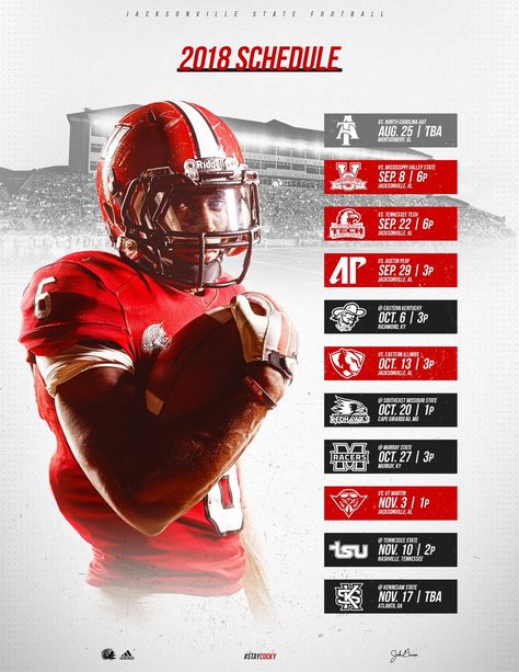 Jacksonville State Photoshop Inspiration, Sport Graphics, Football Graphics, Sports Advertising, Basketball Schedule, Football Schedule, Team Schedule, Photoshop Ideas, Email Template Design