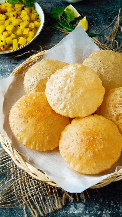 Poori recipe | Puri recipe | Soft & puffy deep-fried Indian bread - Aromatic Essence Poori Bhaji Photography, Shrikhand Puri, Acotar Food, Brownie Aesthetics, Poori Bhaji, Puri Bhaji, Poori Recipe, Pakistani Cuisine, Mauritian Food