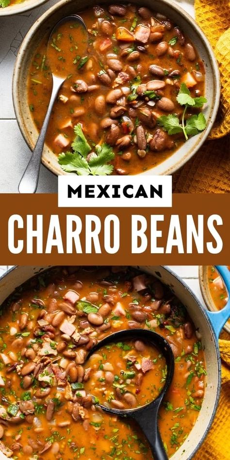 Charro Beans (Frijoles Charros) are Mexican cowboy beans simmered in a flavorful broth made from bacon, ham, onions, garlic, peppers, tomatoes, and delicious spices. They make a delicious meal when served with some flour tortillas for dipping, or a great side dish to accompany Mexican rice and various meats.