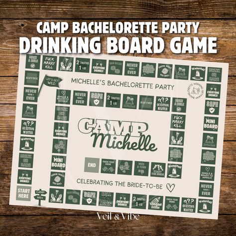 Gear up for an adventure-packed weekend with our Camp Bachelorette Party Board Game! Ideal for your rustic camp-themed bachelorette celebration, this customizable Canva game is the ultimate addition to your bachelorette party lineup.  With a mix of classic drinking games like "Never Have I Ever" and "2 Truths 1 Lie," along with exciting challenges and mini-games, it promises endless fun and unforgettable moments. Lace up your hiking boots, gather your troop, and embark on this wild journey! Get Camp Lake Bachelorette, Silly Bachelorette Games, Outdoor Bachelorette Party Games, Summer Camp Activities For Adults, Cabin Crew Before I Do, Lake Cabin Bachelorette Party, Summer Camp Bachelorette Party Games, Colorado Bachelorette Party Theme, Bachelorette Party Ideas Cabin