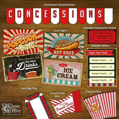 Concession Stand Menu Template School Concession Stand, Movie Theater Snack Bar, Concession Stand Menu, Concession Stand Sign, Templates For School, Concessions Banner, Movie Theater Snacks, Vintage Movie Theater, Tasty Ice Cream