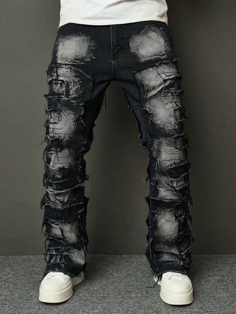 Manfinity EMRG Men Fashionable Vintage Distressed Ripped Jeans | SHEIN UK Edgy Outfits Boys, Jeans And Jordans, Long Flare Jeans, Shein Clothing, Halloween Idea, Clothes Brand, Ripped Jeans Men, Character Aesthetics, Black Ripped Jeans