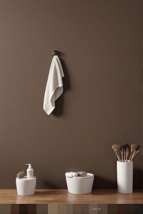 dark brown paint, bathroom paint colors, wall paint options, best wall paint Dark Brown Small Bathroom, Bathroom Brown Walls, Chocolate Bathroom Ideas, Moody Brown Bathroom, Gray Brown Bathroom, Brown Paint Bathroom, Taupe Bathroom Walls, Brown Painted Bathroom, Brown Wall Bathroom