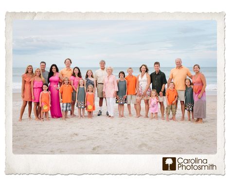 Large family of 22 in pink, orange and grey. Coordinated, but far from matching. www.carolinaphotosmith.com Large Family Photography, Large Family Portraits, Family Photos What To Wear, Charleston Vacation, Family Photo Colors, Big Family Photos, Extended Family Photos, Large Family Photos, Family Beach Pictures