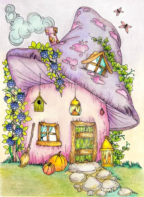 I’m a bit tired of Autumn colors so I imagined an Australian Fairy 🧚🏻‍♀️ witch house since they r entering springtime!! From Colors of Autumn by Nikolett Delafraye. Used Brutfuner 520, Kalour pencils, Zig Clean Color pens. Cute House Drawing Simple, Witch House Drawing, Fairy Cottage Drawing, Fairytale House Drawing, Fairy Home Drawing, Fairy Land Drawing, Fairy World Drawing, Fairy House Painting, Fairy House Illustration